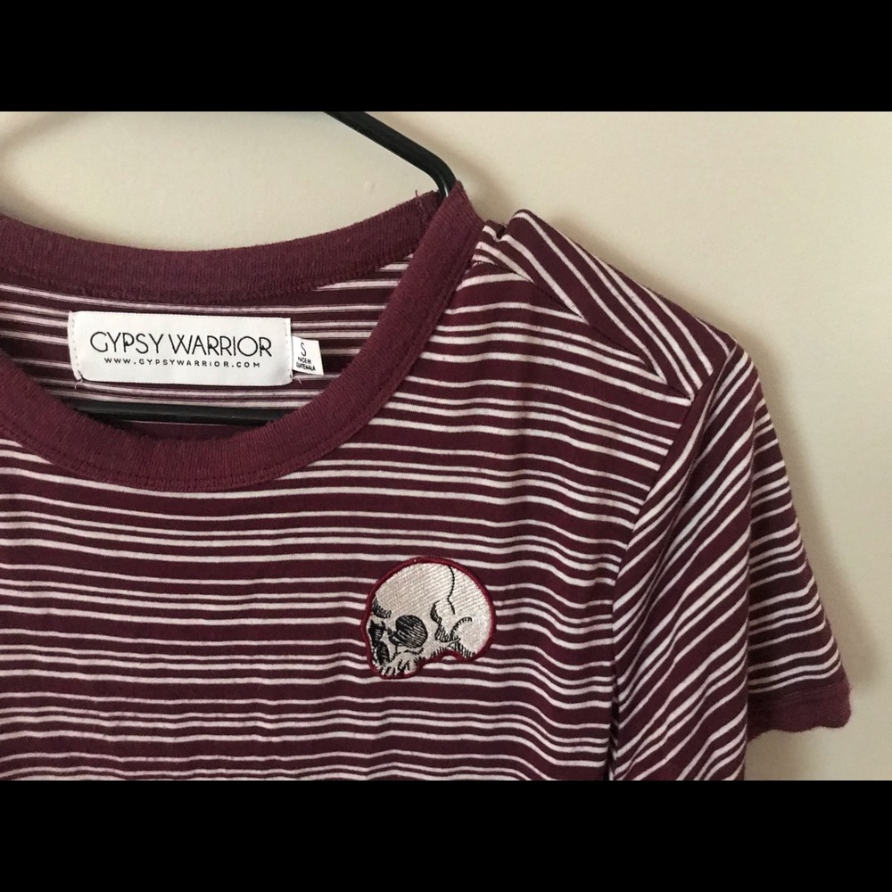 maroon and white striped shirt